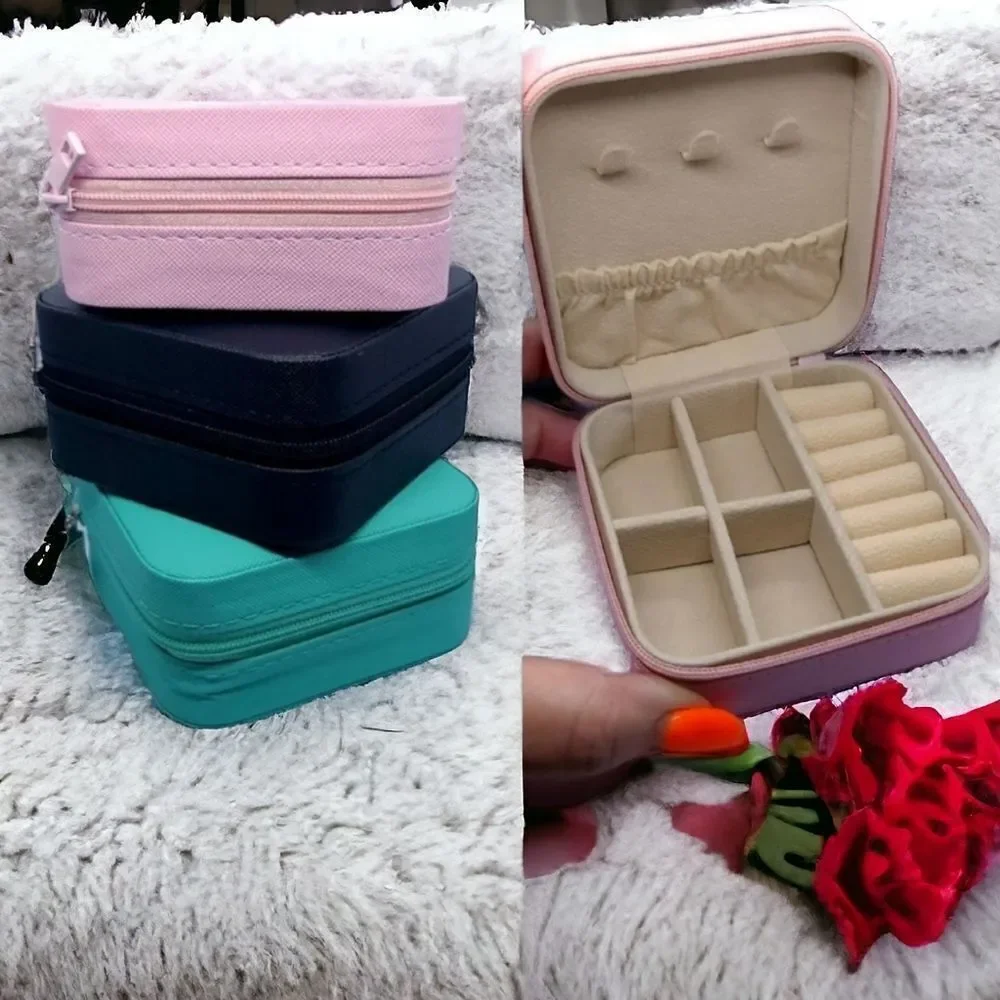 Pink Travel Jewelry Box Faux Leather Zipper Organizer Case 4